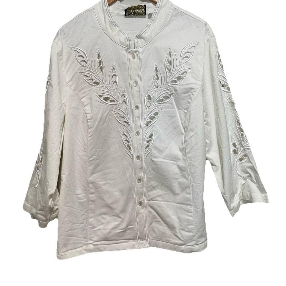 Bob Mackie Wearable Art Women's White‎ Blouse Embroided Floral Design Size XL